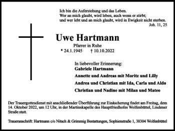 Traueranzeige von Uwe Hartmann von Braunschweiger Zeitung