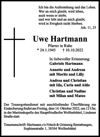 Traueranzeige von Uwe Hartmann von Salzgitter Zeitung