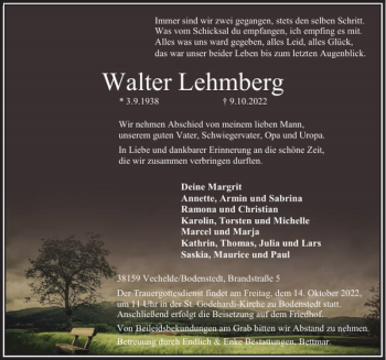 Traueranzeige von Walter Lehmberg von Peiner Nachrichten