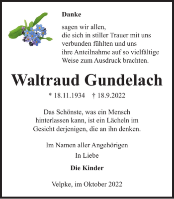 Traueranzeige von Waltraud Gundelach von Wolfsburger Nachrichten