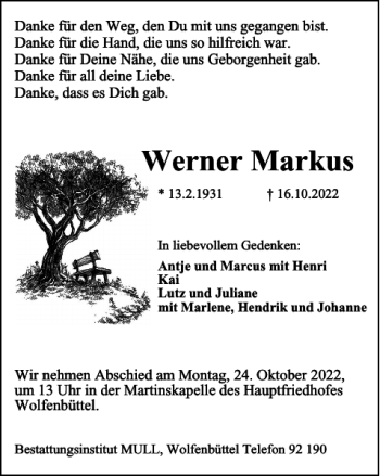 Traueranzeige von Werner Markus von Wolfenbütteler Zeitung
