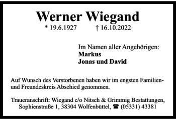 Traueranzeige von Werner Wiegand von Braunschweiger Zeitung