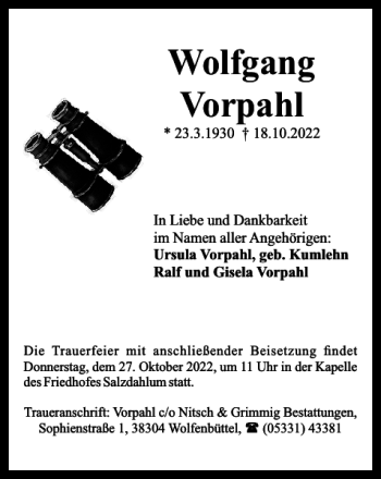Traueranzeige von Wolfgang Vorpahl von Helmstedter Nachrichten