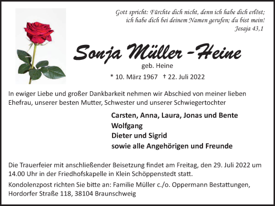 Traueranzeige von Sonja Müller-Heine von Braunschweiger Zeitung