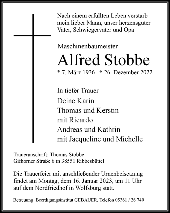 Traueranzeige von Alfred Stobbe von Wolfsburger Nachrichten