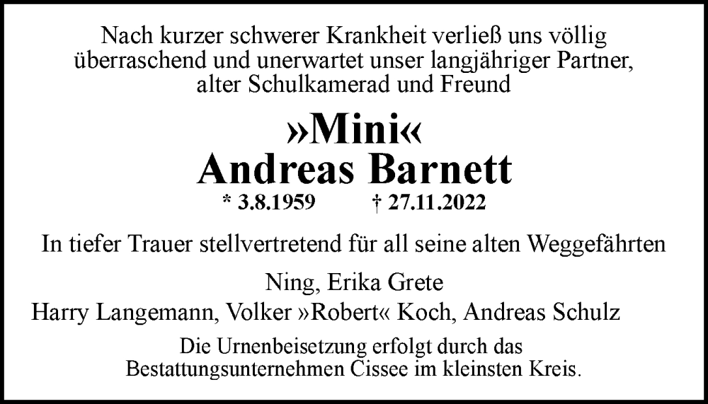 Traueranzeige für Andreas Barnett vom 07.12.2022 aus Braunschweiger Zeitung