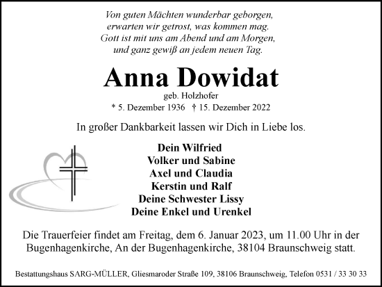 Traueranzeige von Anna Dowidat von Braunschweiger Zeitung