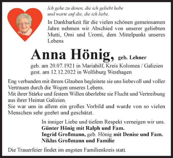 Traueranzeige von Anna Hönig von Wolfsburger Nachrichten