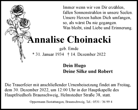 Traueranzeige von Annalise Choinacki von Braunschweiger Zeitung