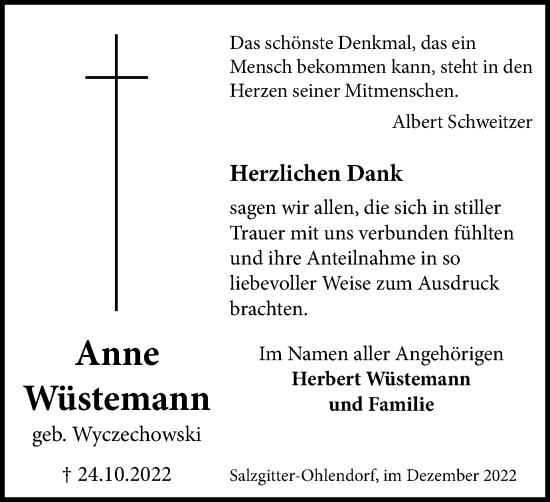 Traueranzeige von Anne Wüstemann von Salzgitter-Zeitung