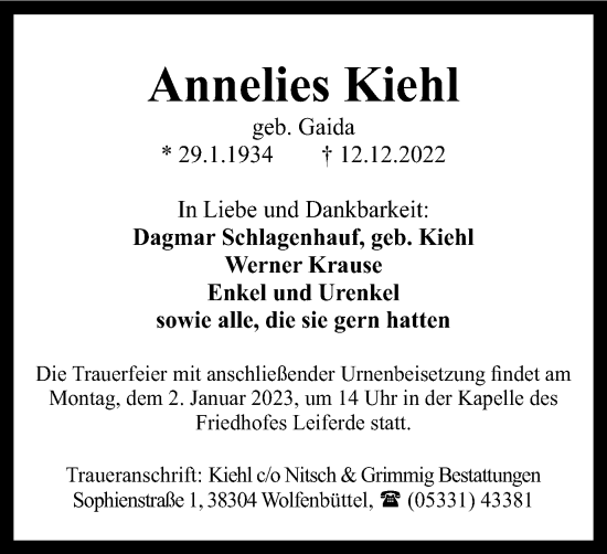 Traueranzeige von Annelies Kiehl von Salzgitter-Zeitung