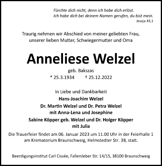 Traueranzeige von Anneliese Welzel von Braunschweiger Zeitung