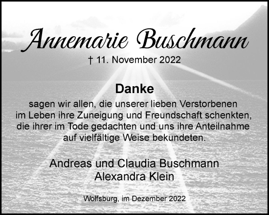 Traueranzeige von Annemarie Buschmann von Wolfsburger Nachrichten