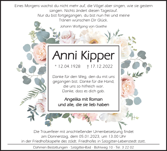 Traueranzeige von Anni Kipper von Salzgitter-Zeitung