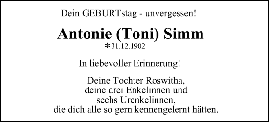 Traueranzeige von Antonie Simm von Wolfsburger Nachrichten