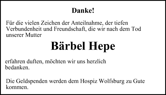 Traueranzeige von Bärbel Hepe von Wolfsburger Nachrichten