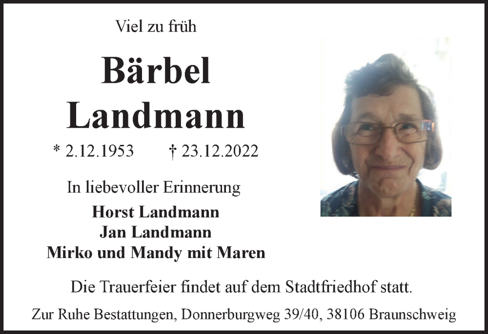  Traueranzeige für Bärbel Landmann vom 31.12.2022 aus Braunschweiger Zeitung