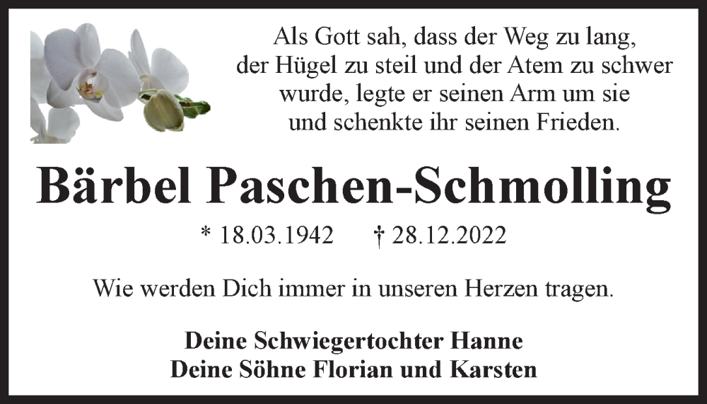  Traueranzeige für Bärbel Paschen-Schmolling vom 31.12.2022 aus Braunschweiger Zeitung