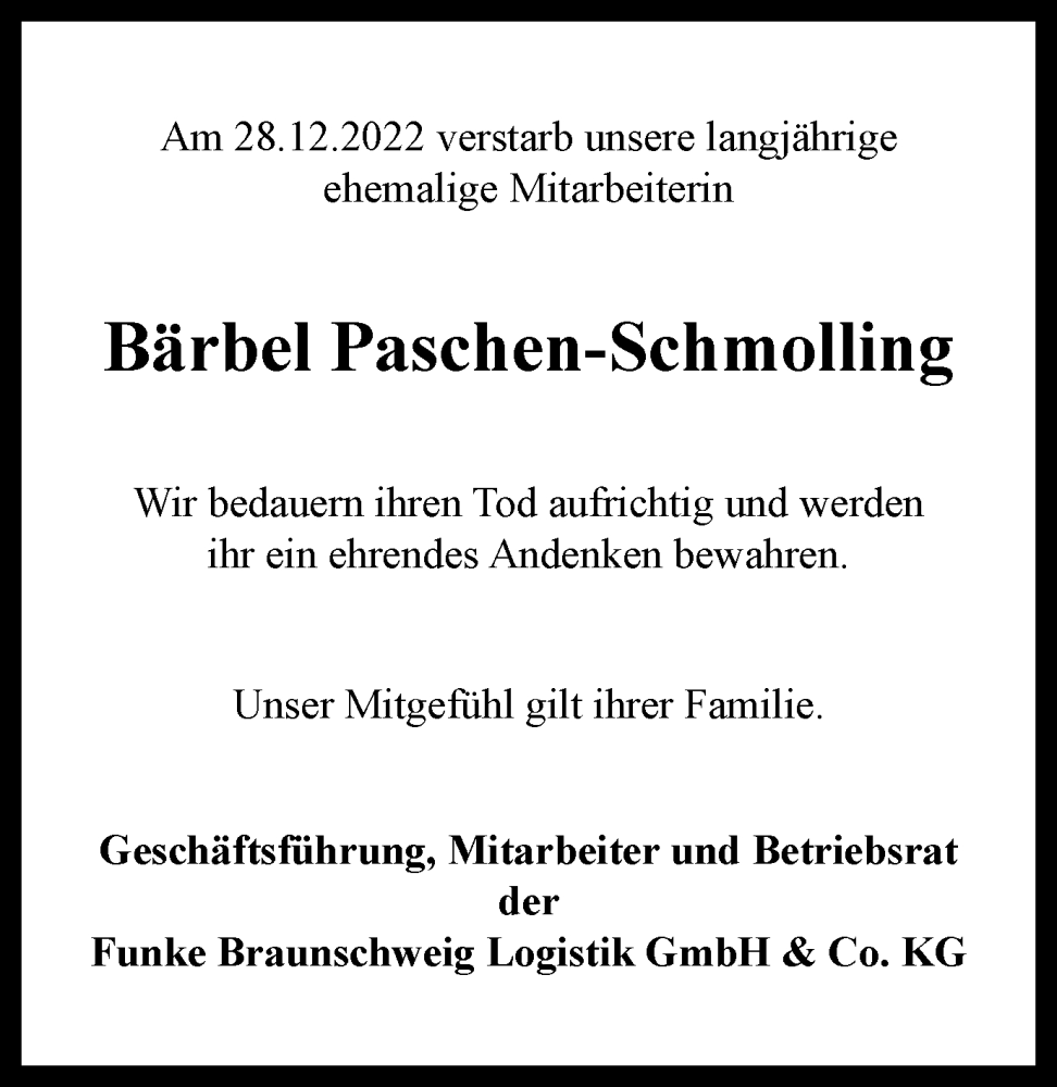  Traueranzeige für Bärbel Paschen-Schmolling vom 31.12.2022 aus Braunschweiger Zeitung