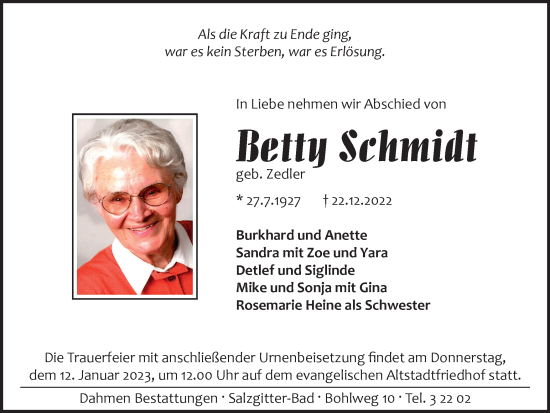 Traueranzeige von Betty Schmidt von Salzgitter-Zeitung