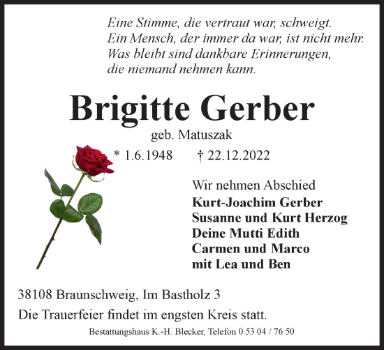Traueranzeige von Brigitte Gerber von Braunschweiger Zeitung