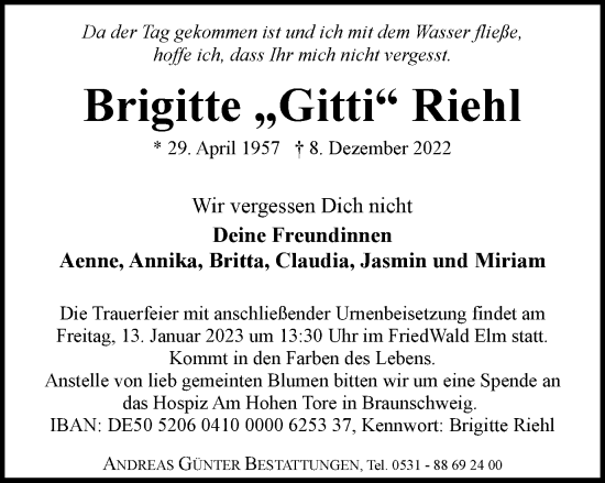 Traueranzeige von Brigitte Riehl von Braunschweiger Zeitung, Salzgitter-Zeitung