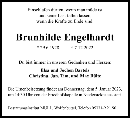 Traueranzeige von Brunhilde Engelhardt von Wolfenbütteler Zeitung