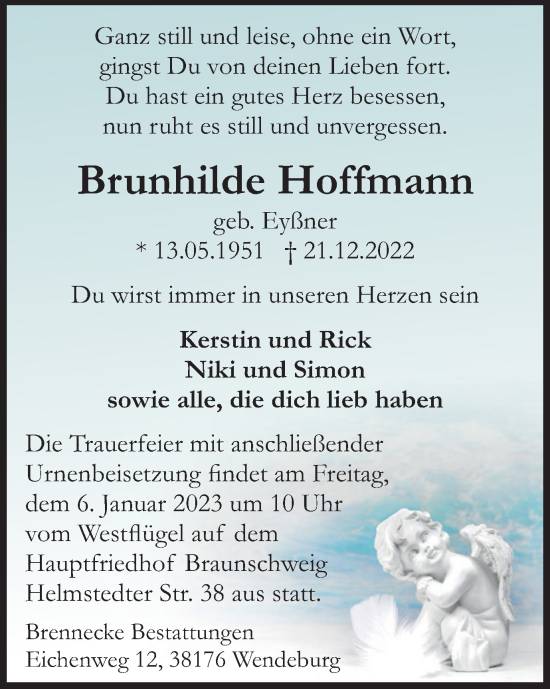 Traueranzeige von Brunhilde Hoffmann von Braunschweiger Zeitung
