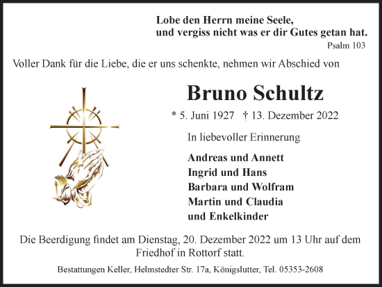 Traueranzeige von Bruno Schultz von Helmstedter Nachrichten