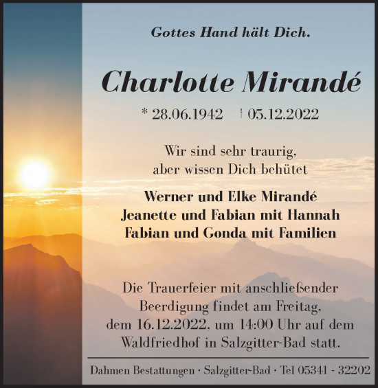 Traueranzeige von Charlotte Mirande von Braunschweiger Zeitung