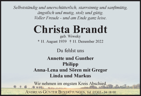 Traueranzeige von Christa Brandt von Braunschweiger Zeitung