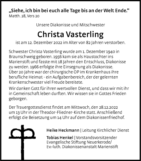 Traueranzeige von Christa Vasterling von Braunschweiger Zeitung