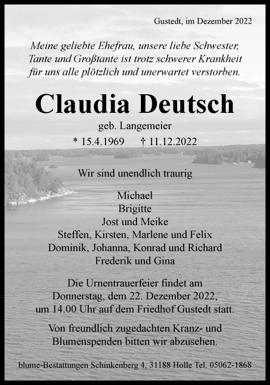 Traueranzeige von Claudia Deutsch von Salzgitter-Zeitung