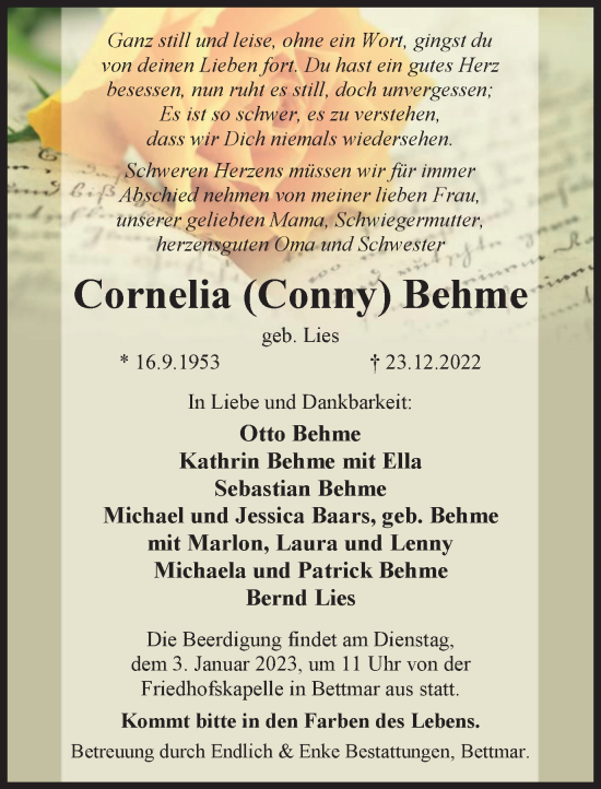 Traueranzeige von Cornelia Behme von Braunschweiger Zeitung