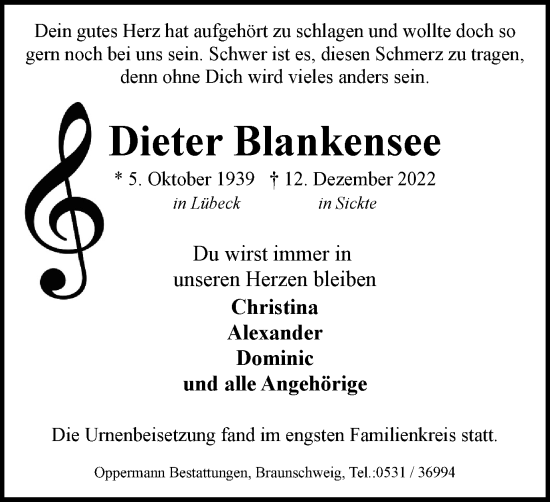 Traueranzeige von Dieter Blankensee von Braunschweiger Zeitung