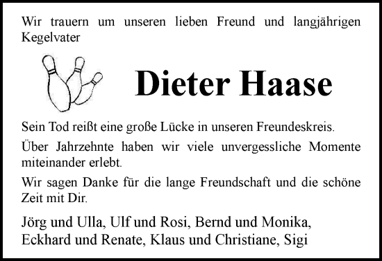 Traueranzeige von Dieter Haase von Helmstedter Nachrichten