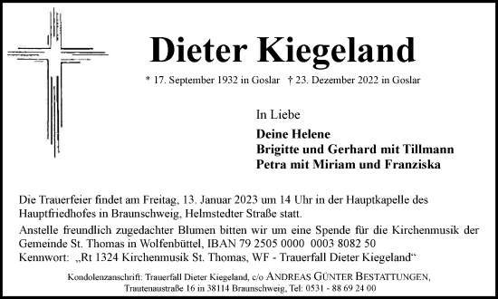 Traueranzeige von Dieter Kiegeland von Braunschweiger Zeitung