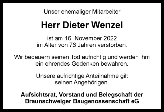 Traueranzeige von Dieter Wenzel von Braunschweiger Zeitung