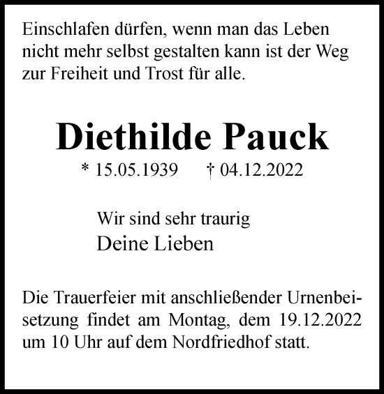 Traueranzeige von Diethilde Pauck von Wolfsburger Nachrichten