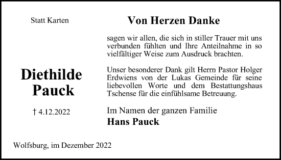 Traueranzeige von Diethilde Pauck von Wolfsburger Nachrichten