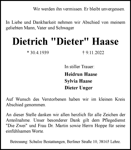 Traueranzeige von Dietrich Haase von Helmstedter Nachrichten