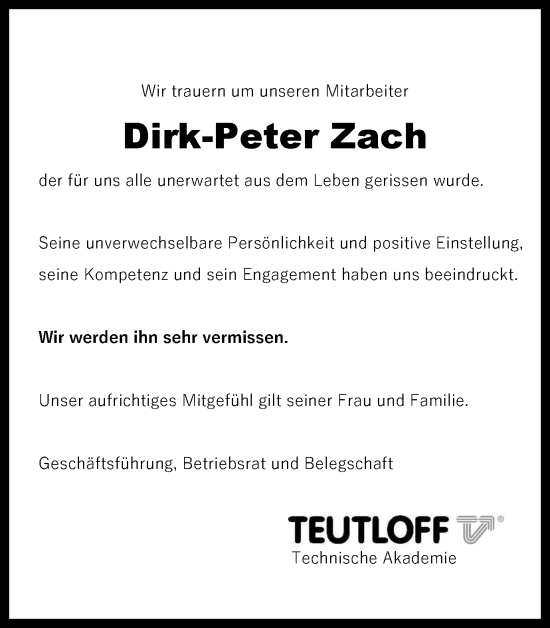 Traueranzeige von Dirk-Peter Zach von Braunschweiger Zeitung