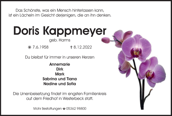 Traueranzeige von Doris Kappmeyer von Wolfsburger Nachrichten