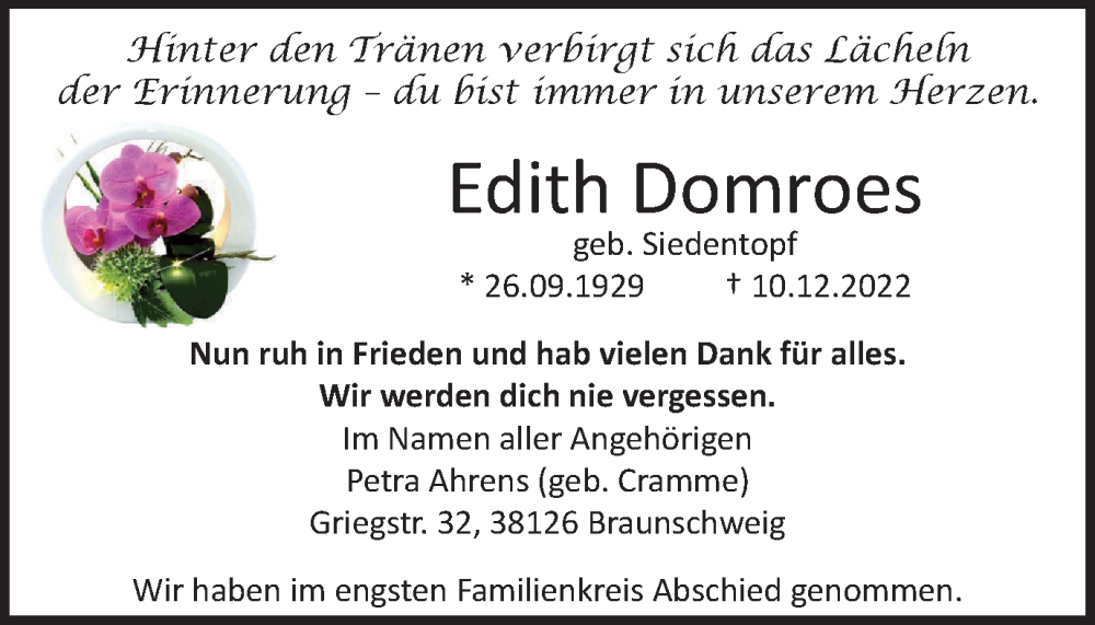  Traueranzeige für Edith Domroes vom 23.12.2022 aus Braunschweiger Zeitung