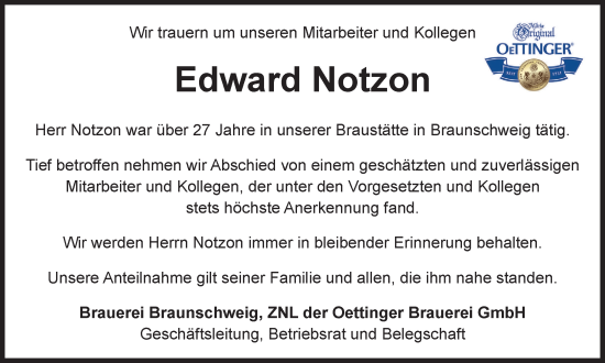 Traueranzeige von Edward Notzon von Helmstedter Nachrichten