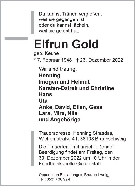 Traueranzeige von Elfrun Gold von Braunschweiger Zeitung