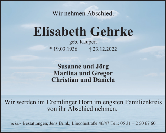 Traueranzeige von Elisabeth Gehrke von Braunschweiger Zeitung