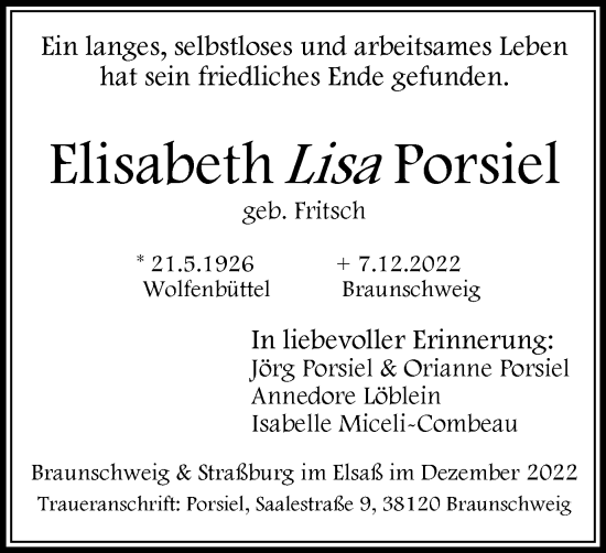 Traueranzeige von Elisabeth Porsiel von Braunschweiger Zeitung