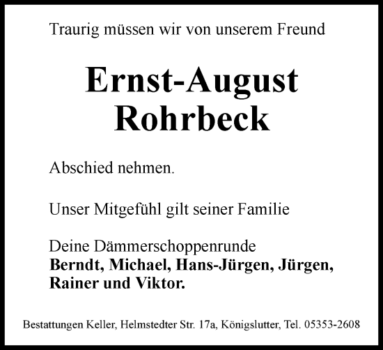 Traueranzeige von Ernst-August Rohrbeck von Helmstedter Nachrichten