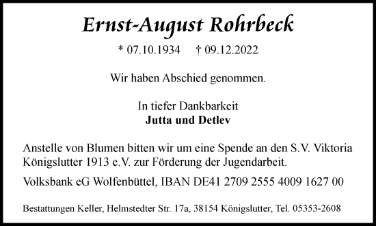 Traueranzeige von Ernst-August Rohrbeck von Helmstedter Nachrichten